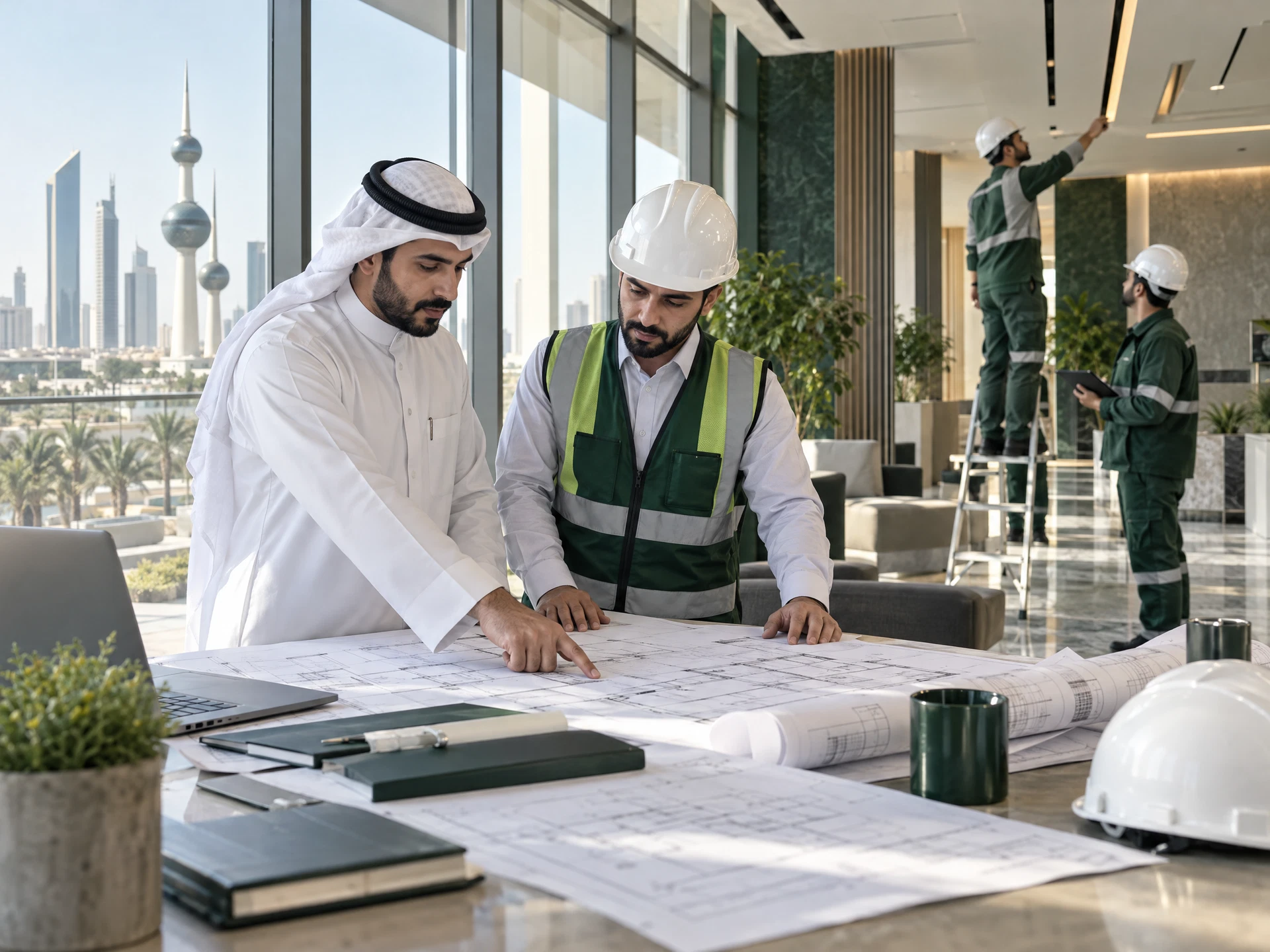 مهندسون وفنيو صيانة يراجعون مخططات مشروع